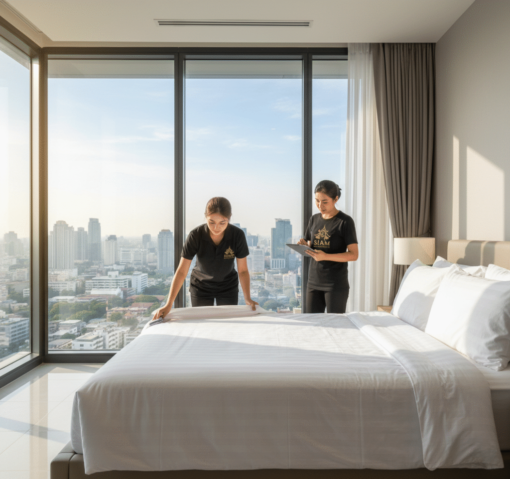 Siam-Rental-Solution Ltd cleaners professionally detail a spacious condo living area in a Thai cityscape, ensuring sparkling windows and dust-free surfaces for short-term guests.