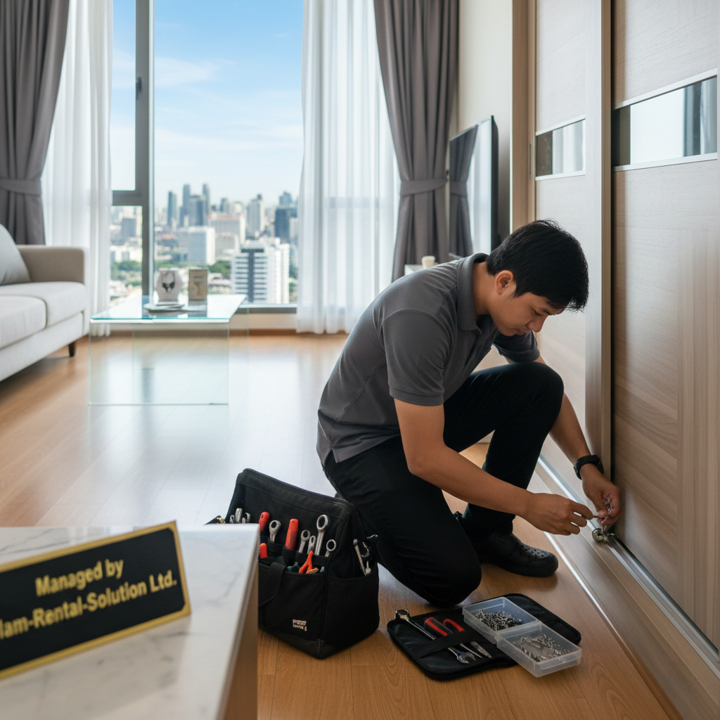 A skilled Siam-Rental-Solution Ltd technician in a professional uniform efficiently repairs a sliding wardrobe door track in a modern apartment, overlooking a Thai cityscape.