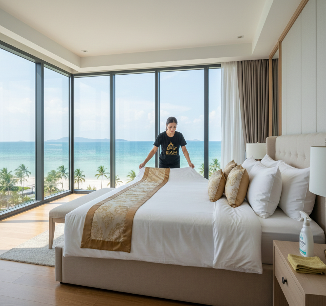 Uniformed personnel from Siam-Rental-Solution Ltd expertly servicing a spacious, high-end short-term rental living area located in Pattaya, Thailand.