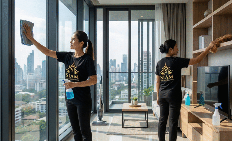 Two uniformed Siam-Rental-Solution Ltd cleaning specialists meticulously cleaning a modern high-rise condominium in Bangkok and pattaya, performing window cleaning and dusting