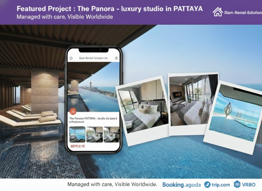 Branded promotional graphic showcasing a successful short-term rental concierge service project for a luxury studio in The Panora, Pattaya, with a mobile Airbnb listing view and unique property photos.